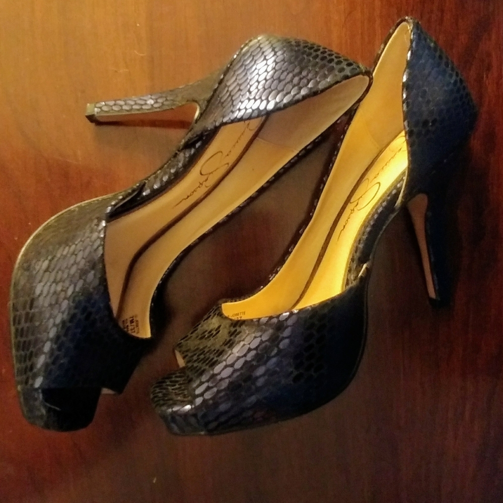 Jessica Simpson Navy/Irrodescent Peep Toe Heels